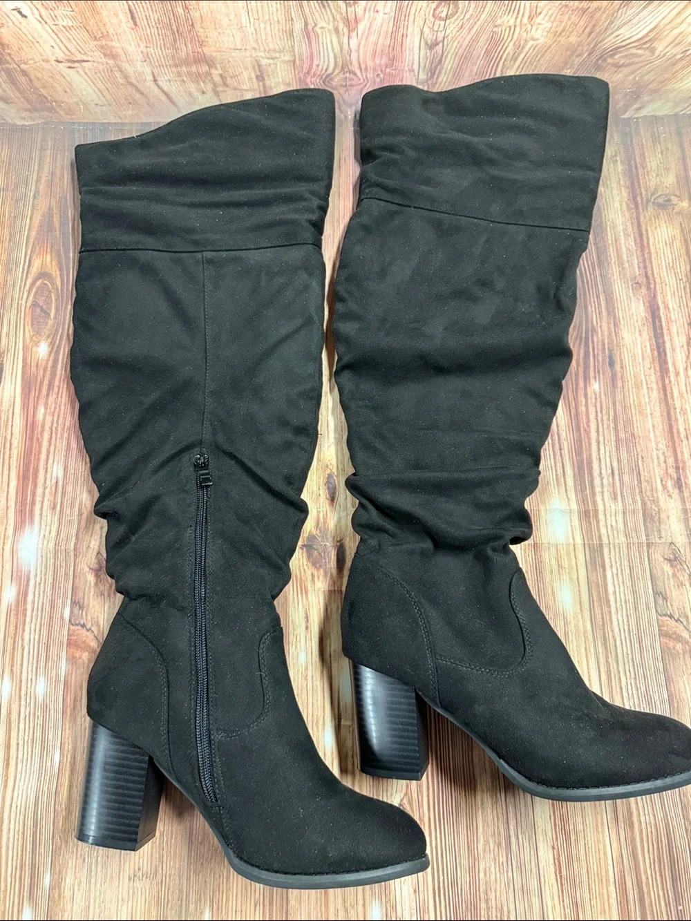 Black Over-the-Knee Suede Block Heel Boots